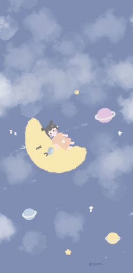 [2436x1125]插画 蓝 月亮 女孩 苹果手机动漫壁纸图片