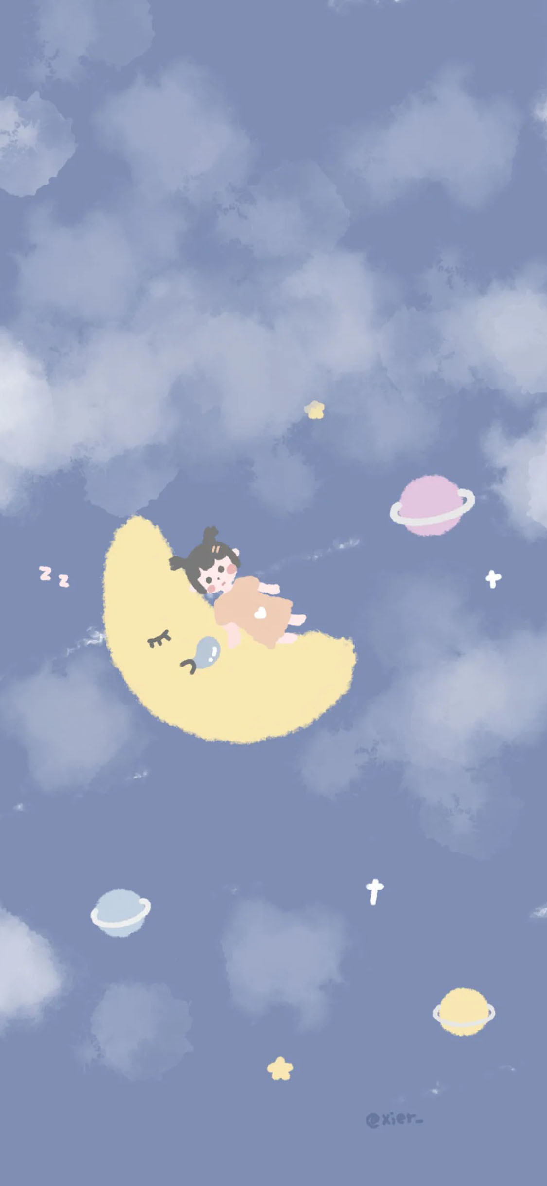 [2436×1125]插画 蓝 月亮 女孩 苹果手机动漫壁纸图片