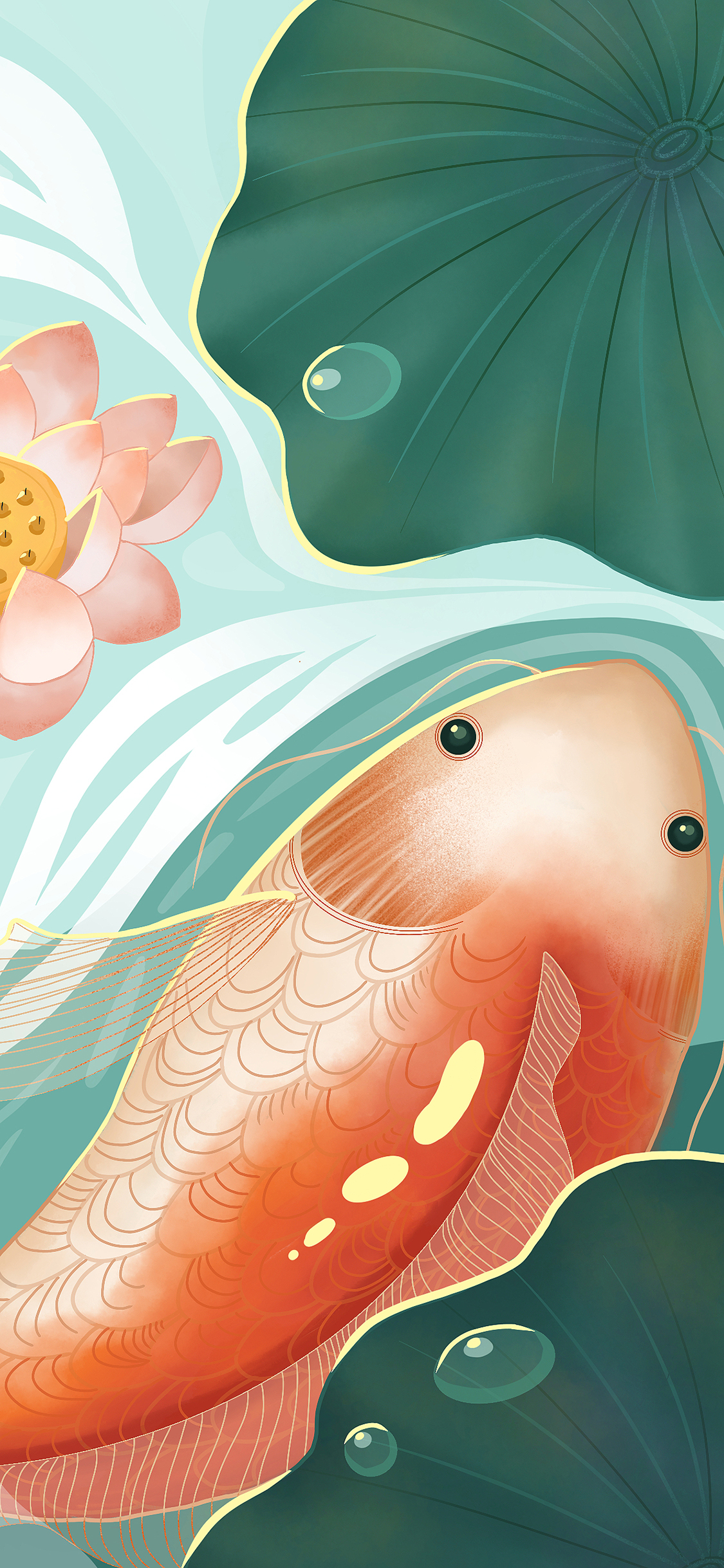 [2436×1125]插画 锦鲤 荷花 荷塘 苹果手机动漫壁纸图片