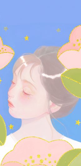 [2436x1125]插画 闭眼 女孩 唯美 苹果手机动漫壁纸图片