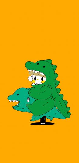 [2436x1125]摇摇车 小女孩 恐龙 可爱 黄色 苹果手机动漫壁纸图片