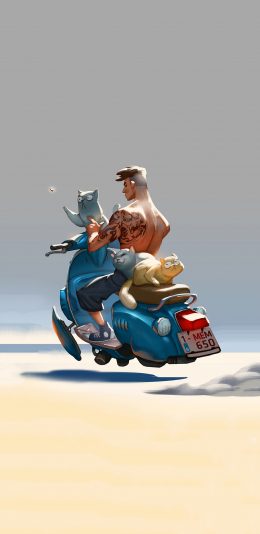 [2436x1125]摩托车 型男 纹身 猫咪 卡通 插图 苹果手机动漫壁纸图片