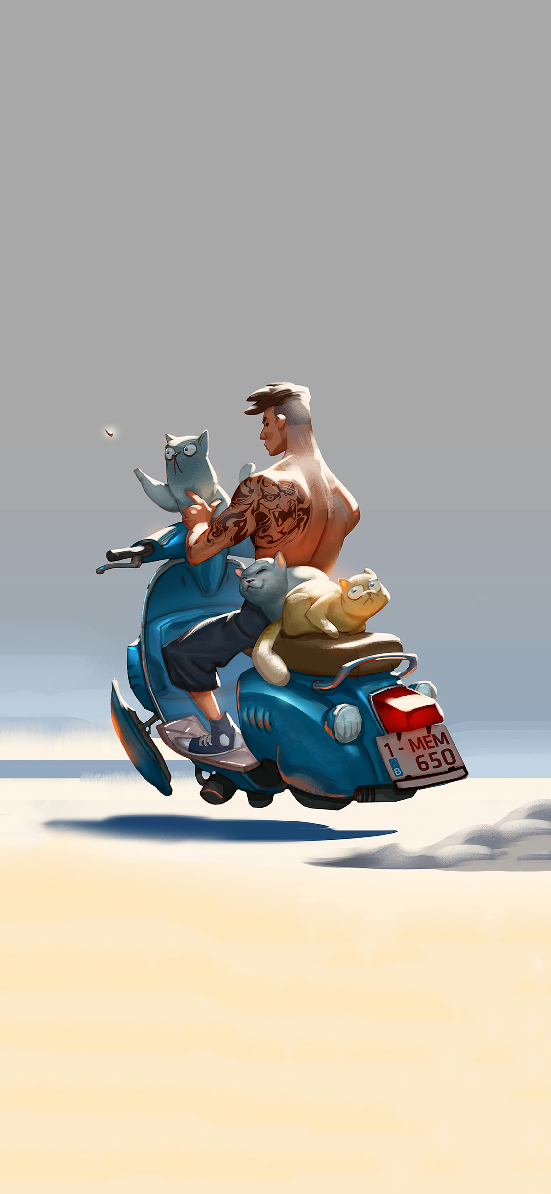 [2436×1125]摩托车 型男 纹身 猫咪 卡通 插图 苹果手机动漫壁纸图片