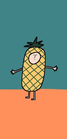 [2436x1125]撞色拼接 卡通 菠萝人 可爱 苹果手机动漫壁纸图片