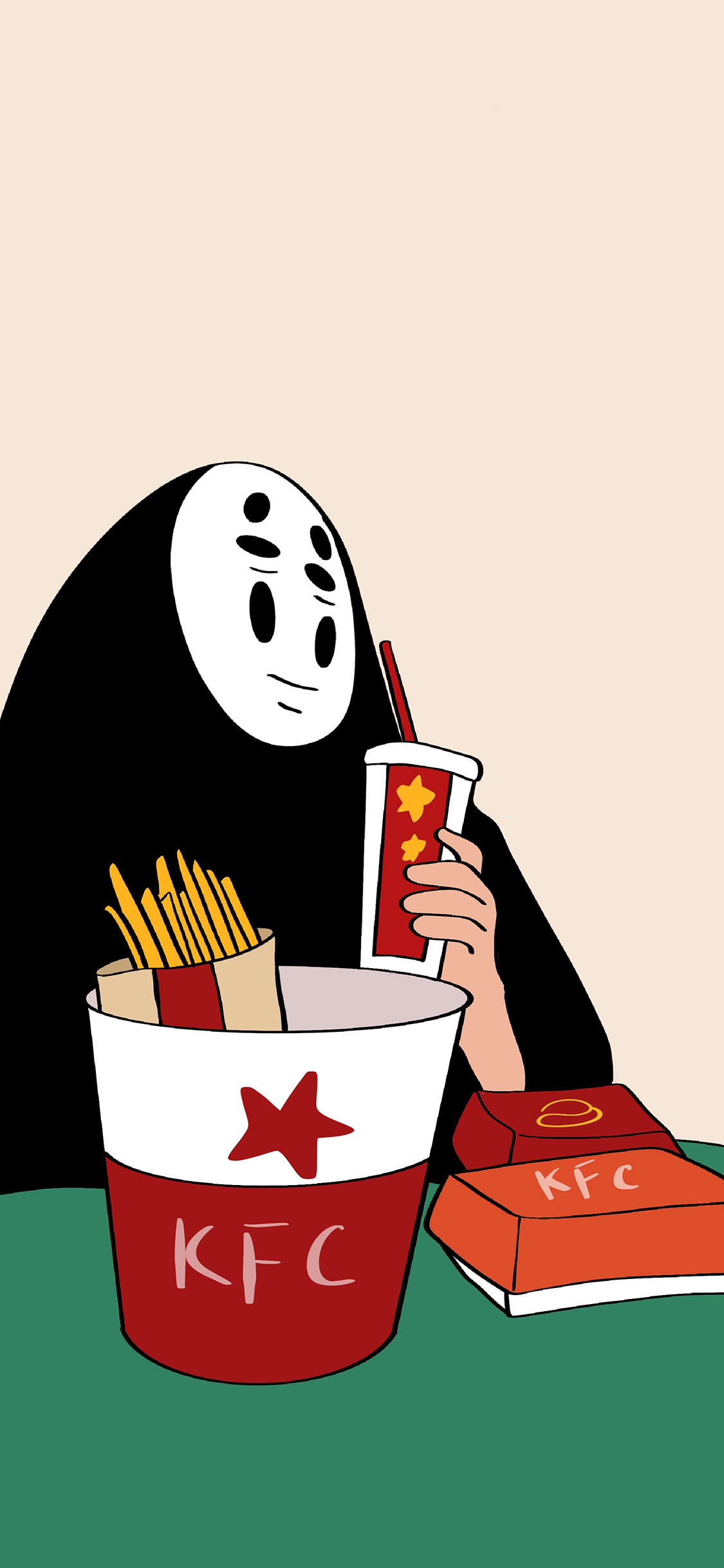 [2436×1125]无脸男 千与千寻 宫崎骏 薯条 肯德基 KFC 可乐 苹果手机动漫壁纸图片