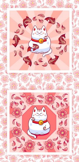 [2436x1125]日本 招财猫 碎花 平铺 苹果手机动漫壁纸图片