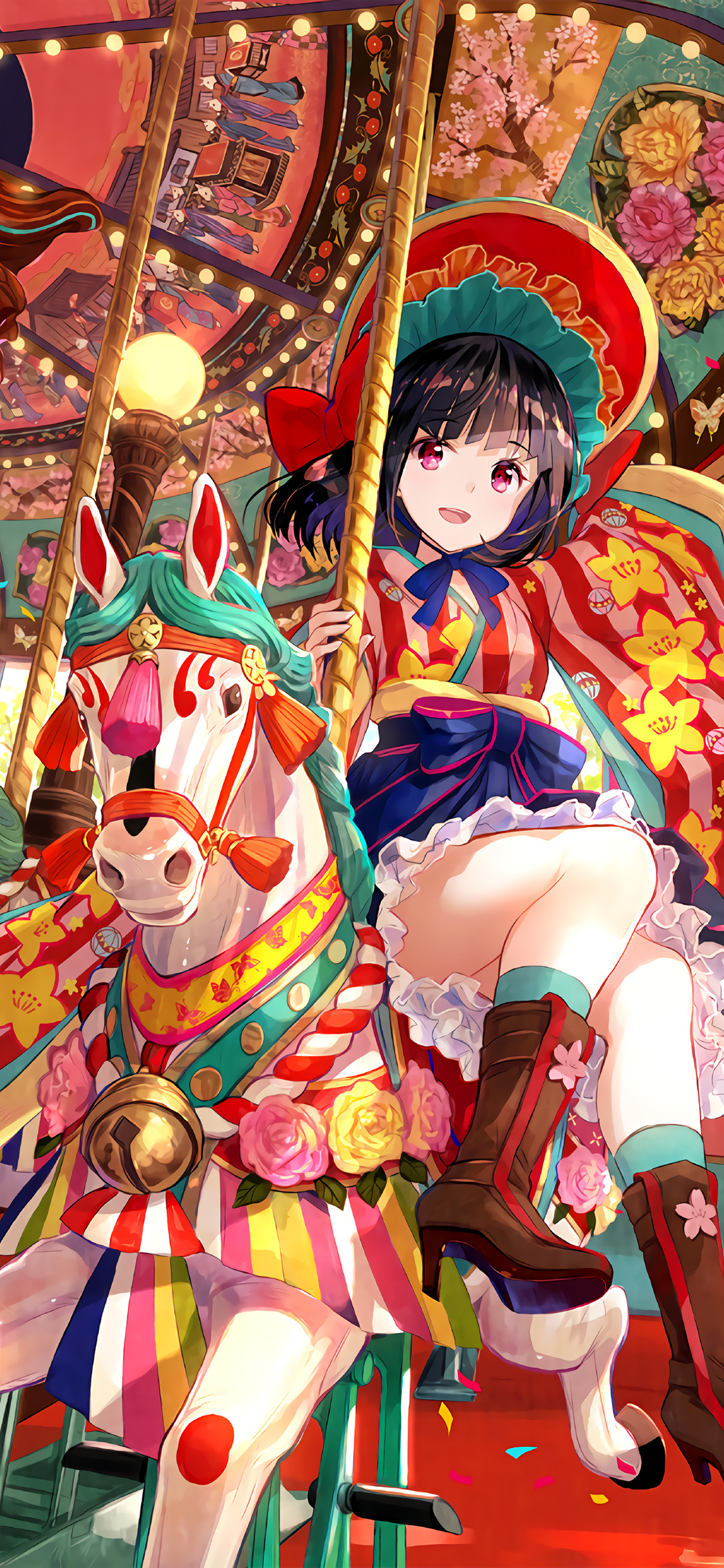 [2436×1125]日本 画师藤原 少女 旋转木马 漫画 苹果手机动漫壁纸图片