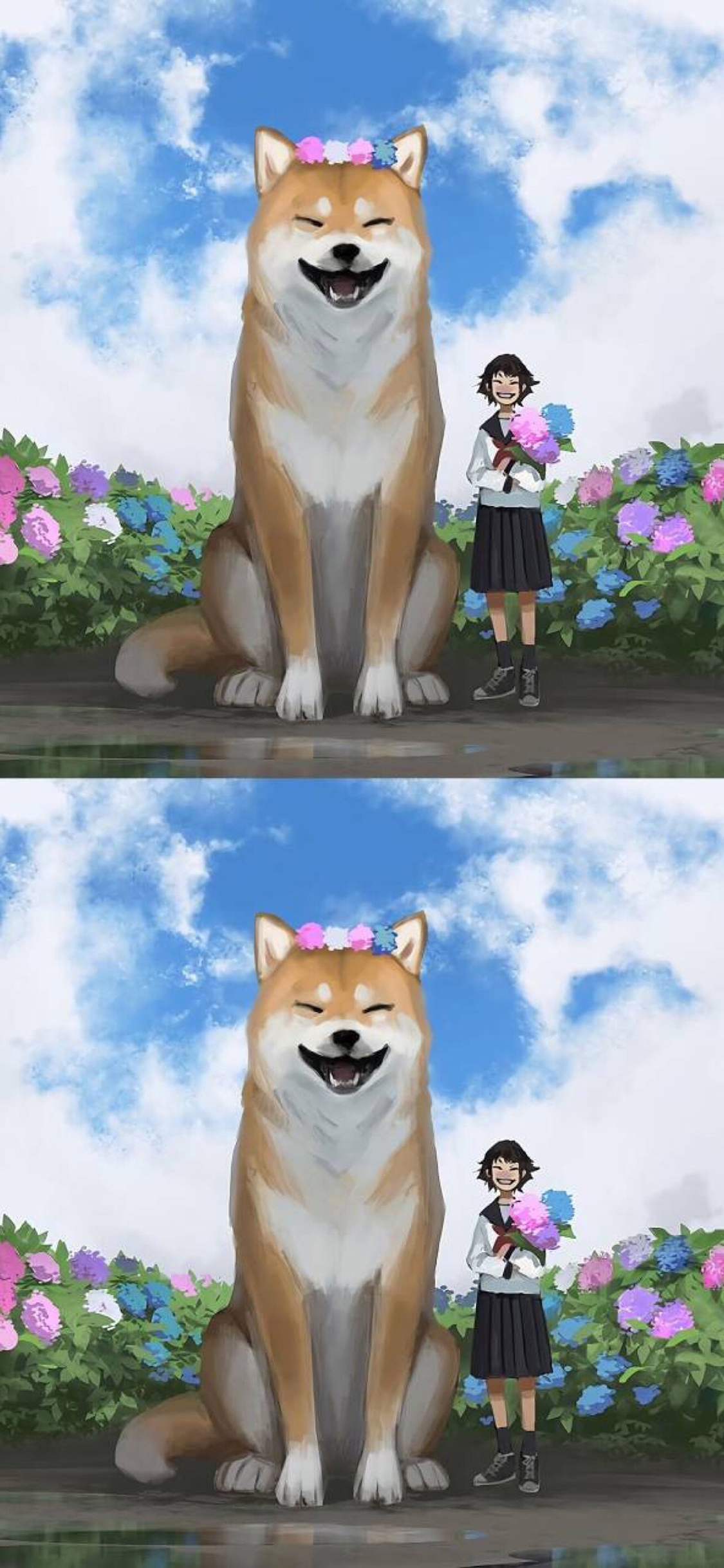 [2436×1125]日本插画师 もの久保作品 柴犬 女孩 苹果手机动漫壁纸图片