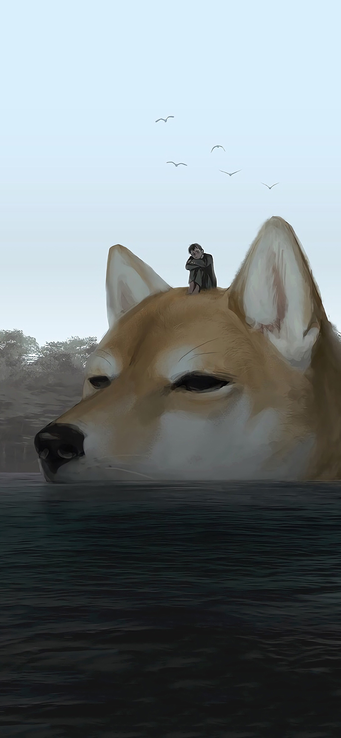 [2436×1125]日本插画师 もの久保作品 柴犬 男孩 苹果手机动漫壁纸图片