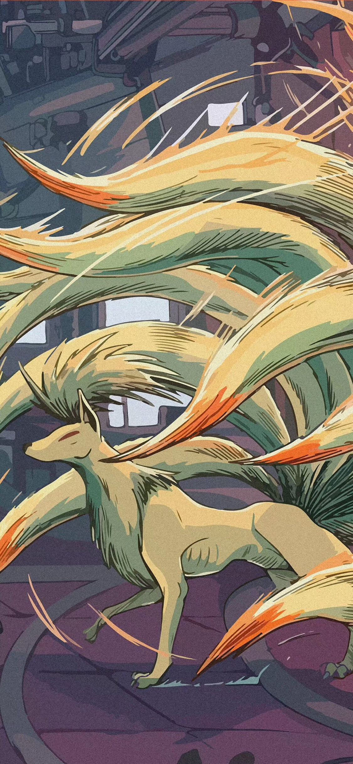 [2436×1125]日漫 九尾狐 精灵 插画 苹果手机动漫壁纸图片