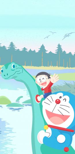 [2436x1125]日漫 哆啦A梦 大熊 恐龙 苹果手机动漫壁纸图片