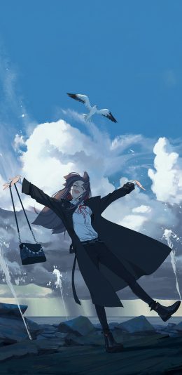 [2436x1125]日漫 插图 二次元 少女 海鸥 苹果手机动漫壁纸图片