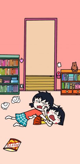 [2436x1125]日漫 樱桃小丸子 姐妹 打架（取自微博：快乐星球在逃居民） 苹果手机动漫壁纸图片