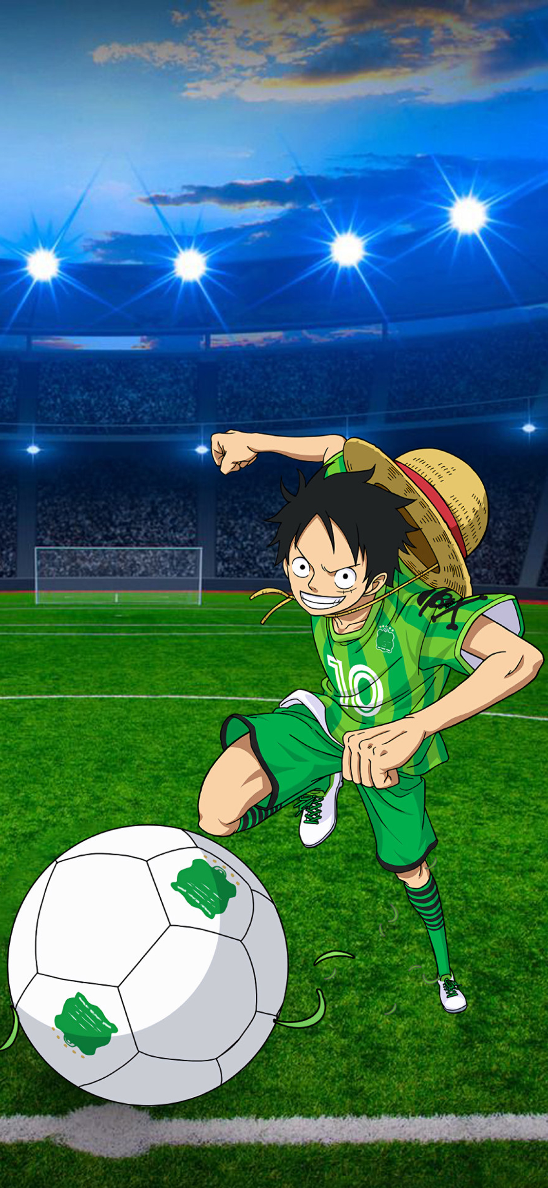 [2436×1125]日漫 海贼王 路飞 踢足球 苹果手机动漫壁纸图片