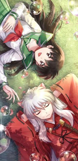 [2436x1125]日漫 犬夜叉 阿离 草地 泡泡 苹果手机动漫壁纸图片