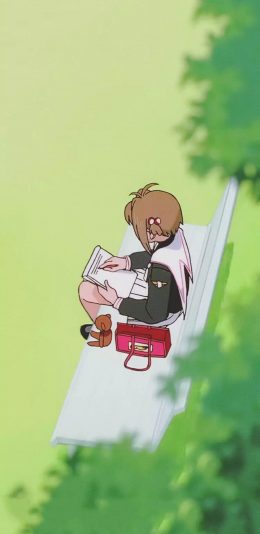 [2436x1125]日漫 百变小樱魔术卡 看书 苹果手机动漫壁纸图片