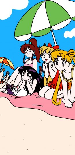 [2436x1125]日漫 美少女战士 沙滩（取自微博：快乐星球在逃居民） 苹果手机动漫壁纸图片