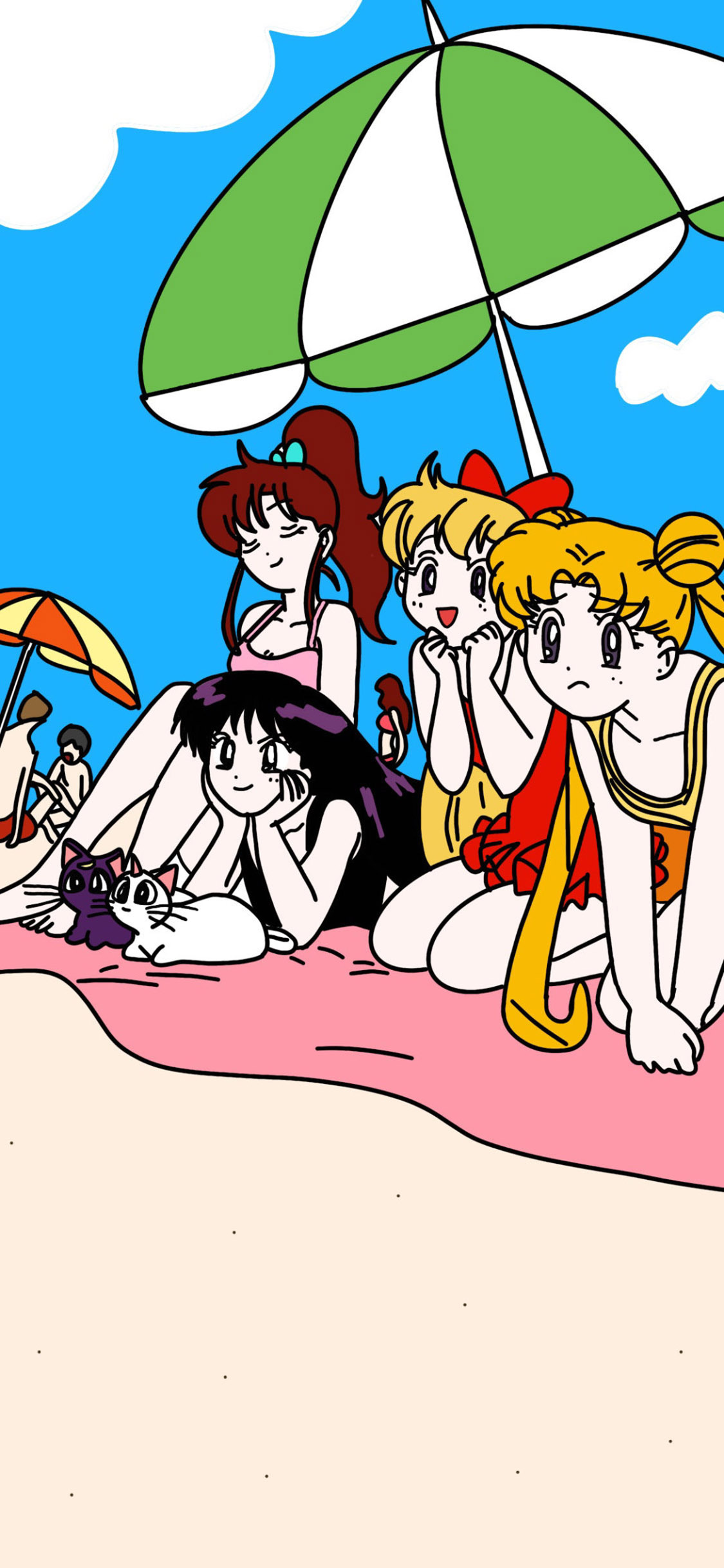 [2436×1125]日漫 美少女战士 沙滩（取自微博：快乐星球在逃居民） 苹果手机动漫壁纸图片