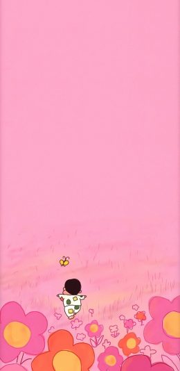 [2436x1125]日漫 蜡笔小新 新之助 花朵 粉色 苹果手机动漫壁纸图片