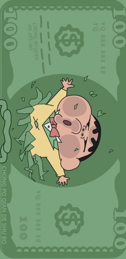 [2436x1125]日漫 蜡笔小新 新之助 钞票 绿色 苹果手机动漫壁纸图片