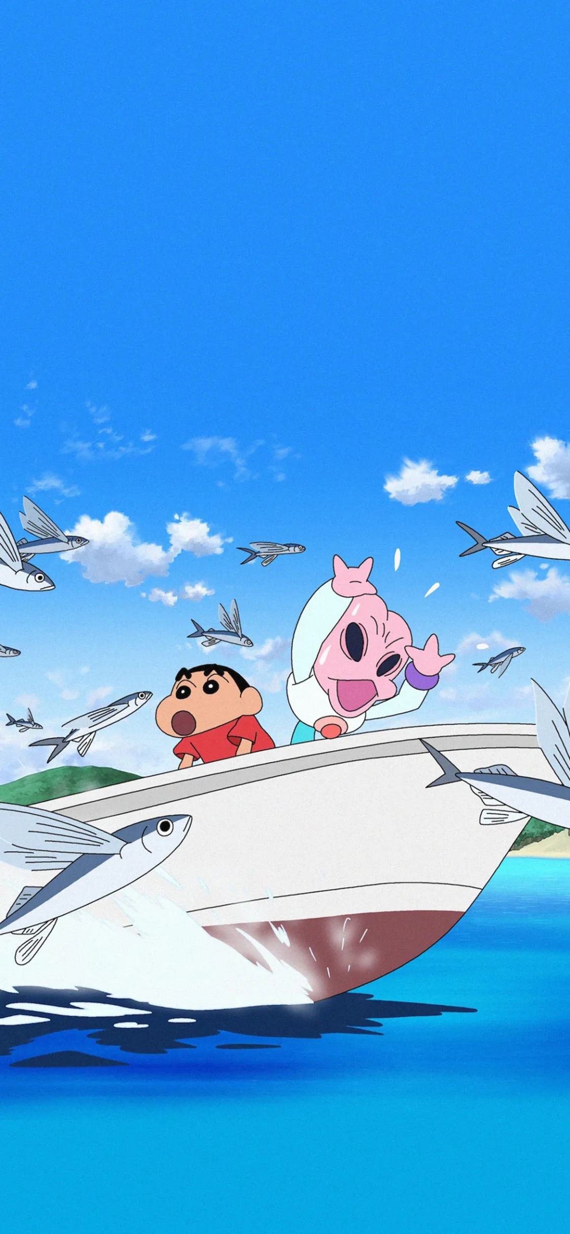 [2436×1125]日漫 蜡笔小新 新之助 飞鱼 苹果手机动漫壁纸图片