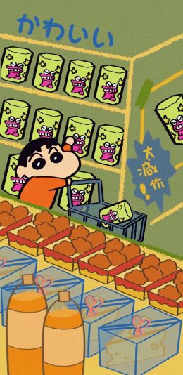 [2436x1125]日漫 蜡笔小新 超市 饼干 苹果手机动漫壁纸图片