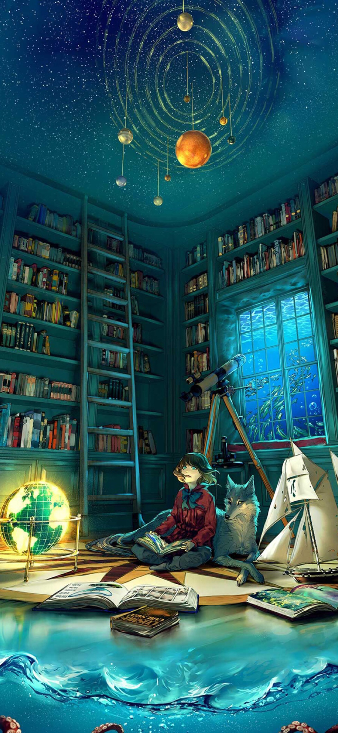 [2436×1125]日漫场景 二次元少女 狼 苹果手机动漫壁纸图片