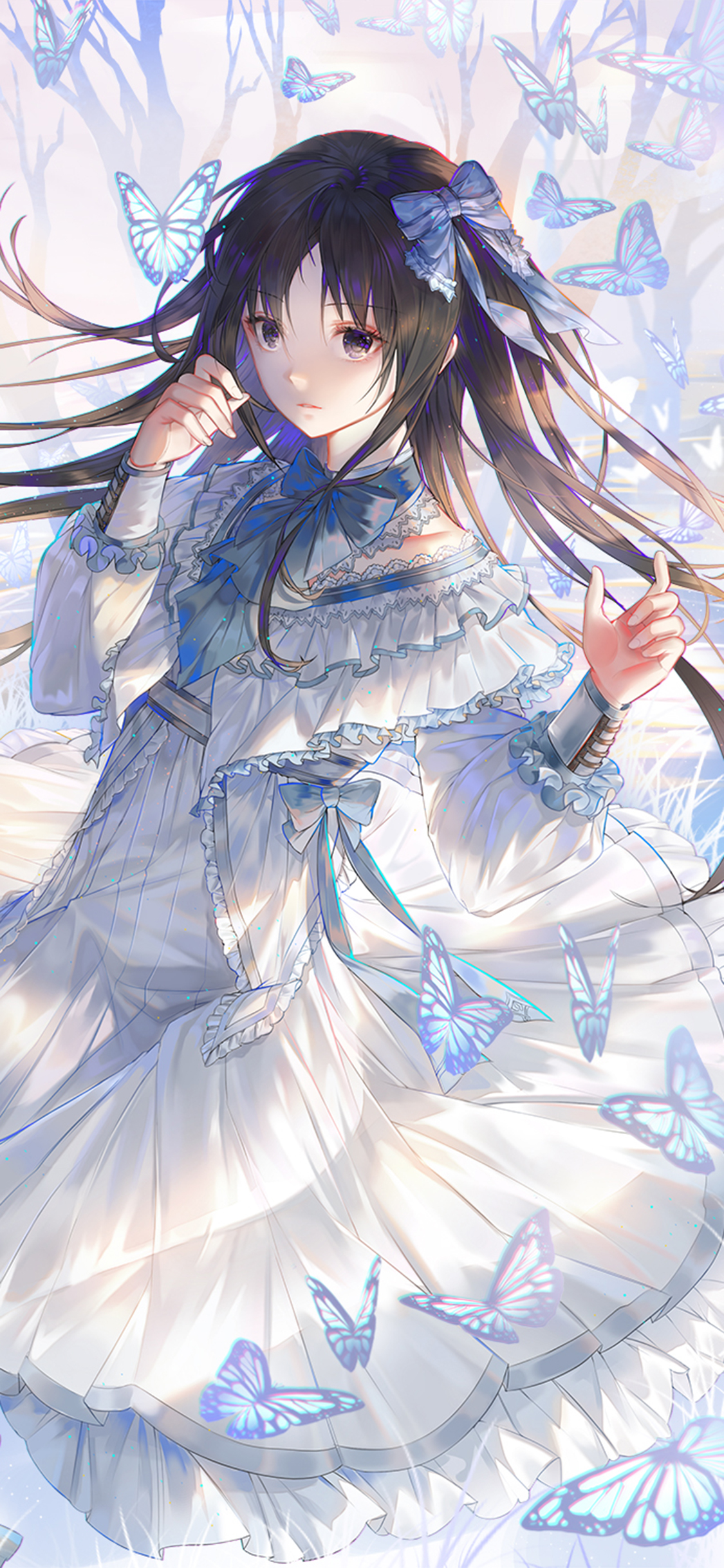 [2436×1125]日系 动漫少女 梦幻 蝴蝶 苹果手机动漫壁纸图片