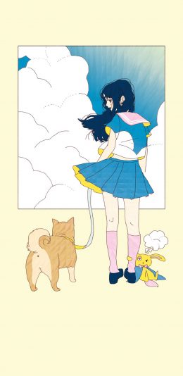 [2436x1125]日系 动漫少女 背影 小黄狗 苹果手机动漫壁纸图片