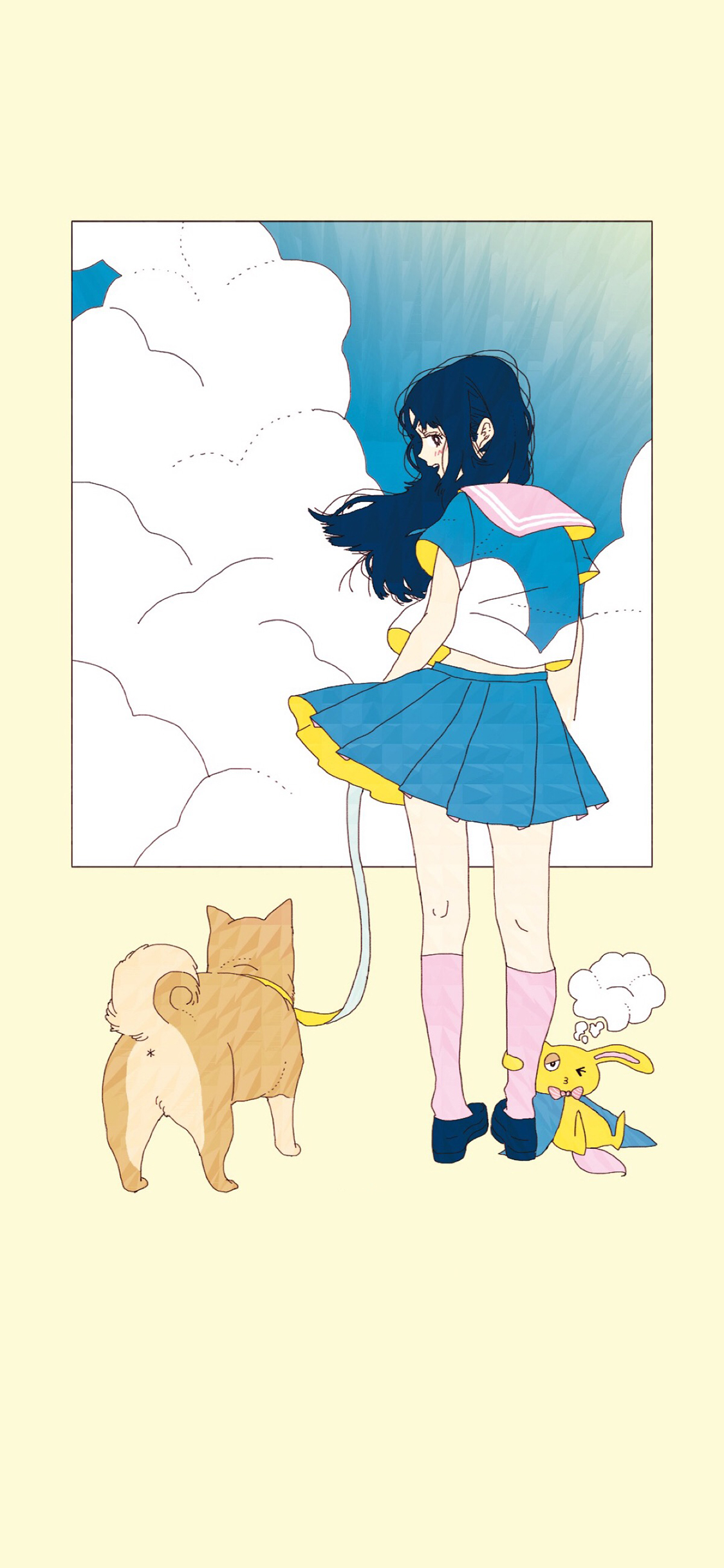 [2436×1125]日系 动漫少女 背影 小黄狗 苹果手机动漫壁纸图片