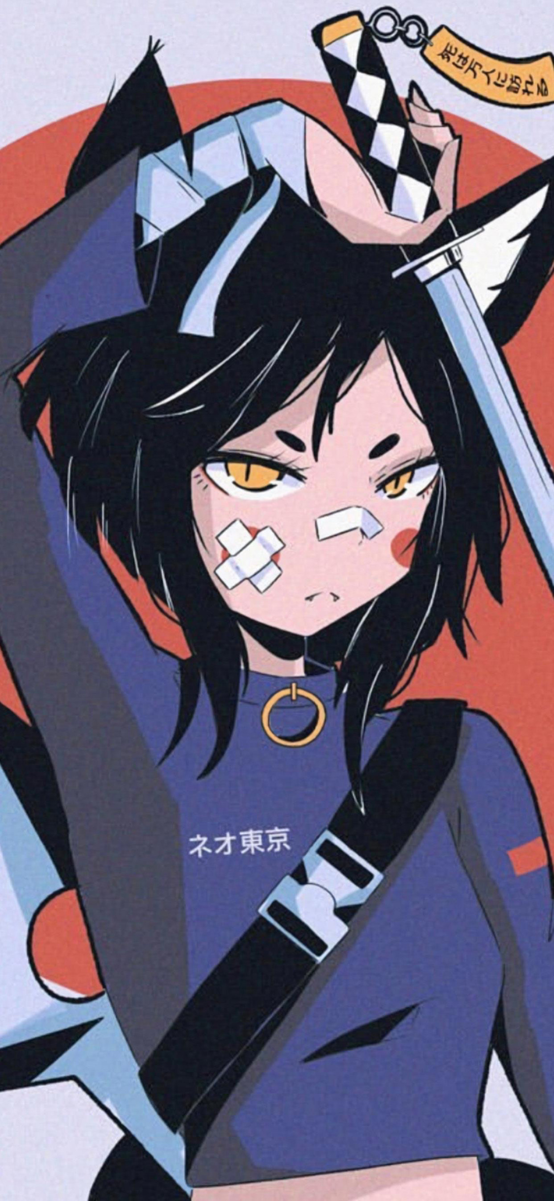 [2436×1125]日系 少女 剑客 东京 苹果手机动漫壁纸图片