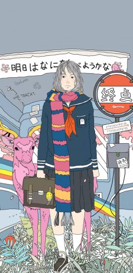 [2436x1125]日系 少女 小鹿 粉色 苹果手机动漫壁纸图片