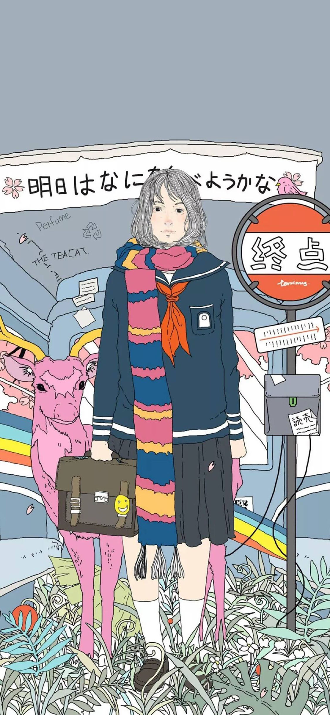 [2436×1125]日系 少女 小鹿 粉色 苹果手机动漫壁纸图片