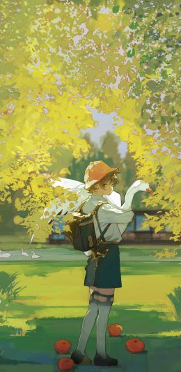 [2436x1125]日系 插图 少年 大鹅 苹果手机动漫壁纸图片