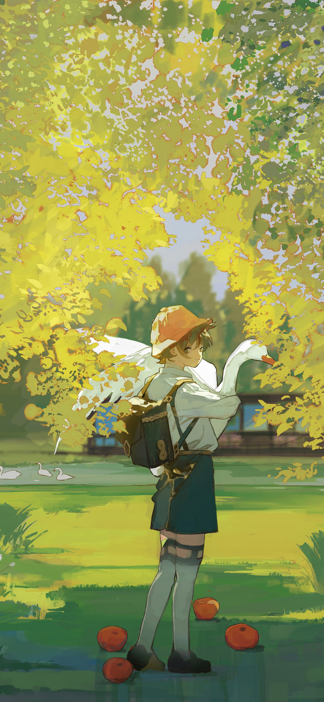 [2436×1125]日系 插图 少年 大鹅 苹果手机动漫壁纸图片