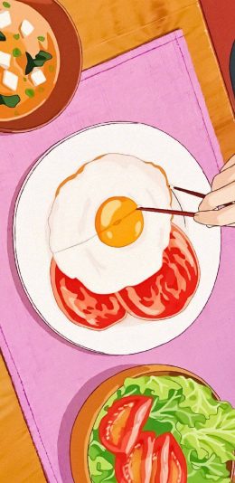 [2436x1125]日系 插图 煎蛋 美食 苹果手机动漫壁纸图片