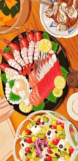 [2436x1125]日系 插图 美食 刺身 苹果手机动漫壁纸图片