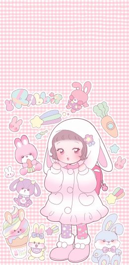 [2436x1125]日系 萝莉 粉色 兔子 苹果手机动漫壁纸图片