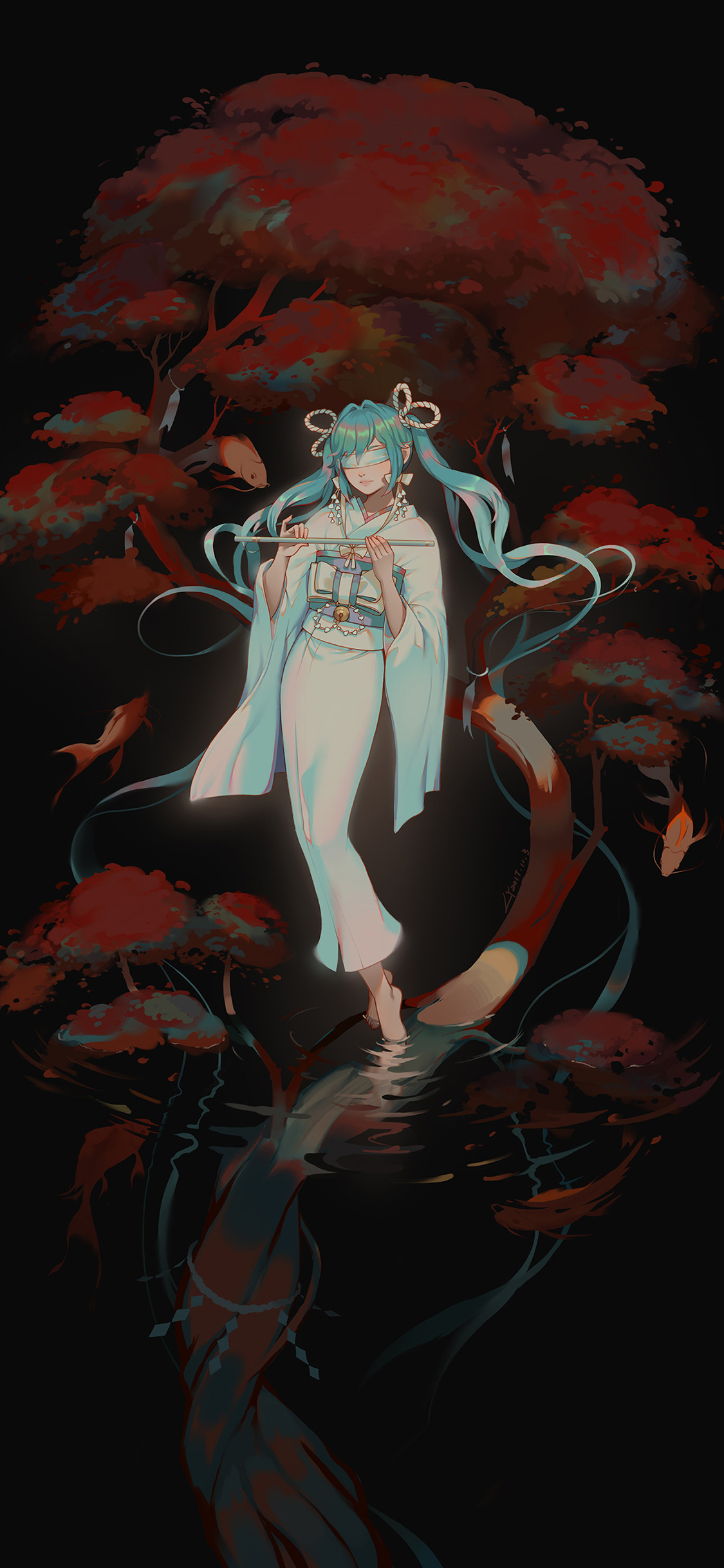 [2436×1125]日系少女 唯美画风 笛子 苹果手机动漫壁纸图片