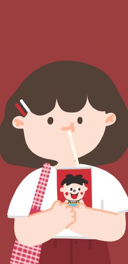 [2436x1125]旺仔牛奶 小女孩 红色 饮料 吸管 苹果手机动漫壁纸图片