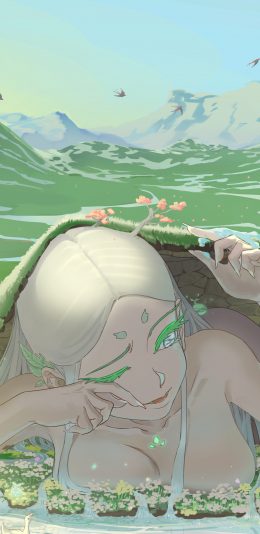 [2436x1125]春景 插画 少女 苏醒（取自站酷网：麦伢） 苹果手机动漫壁纸图片