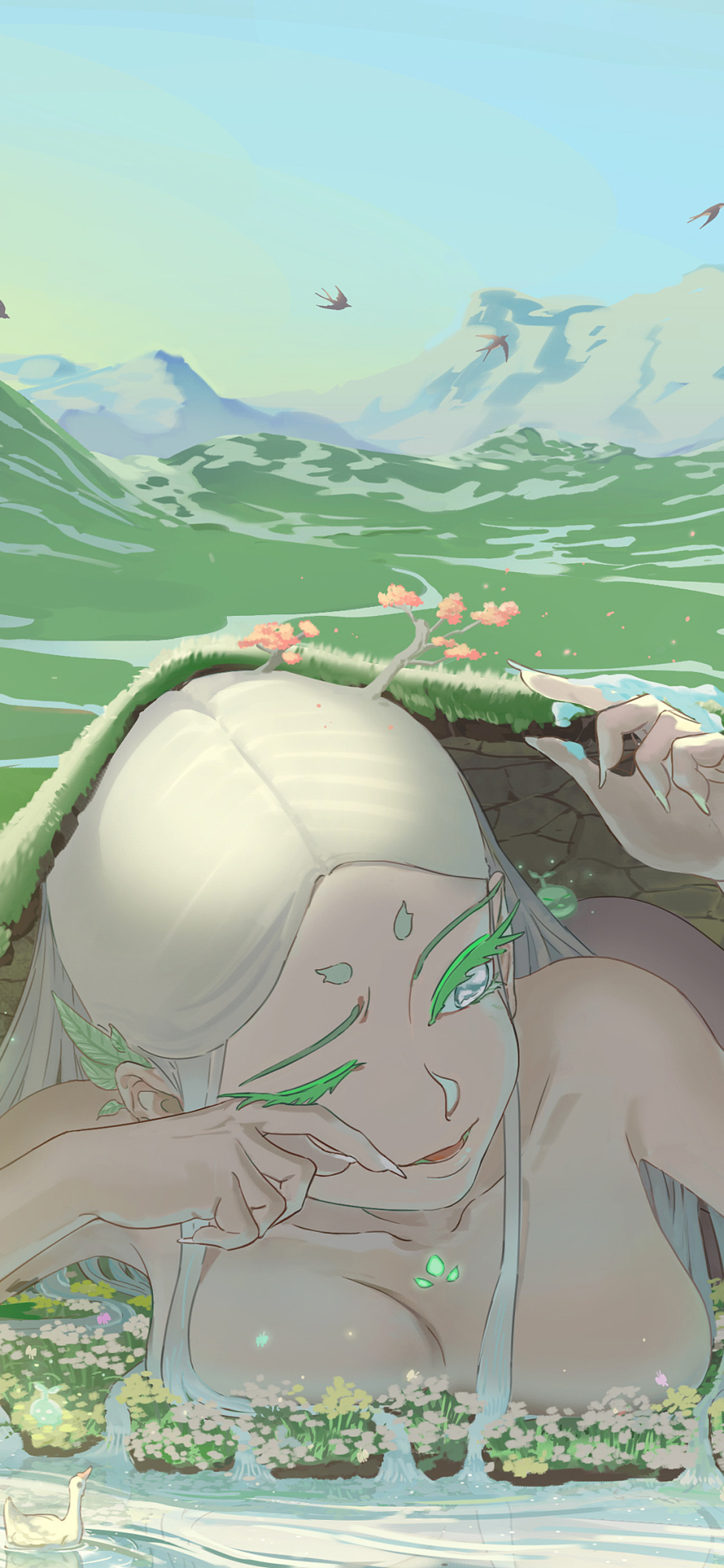 [2436×1125]春景 插画 少女 苏醒（取自站酷网：麦伢） 苹果手机动漫壁纸图片