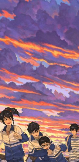 [2436x1125]昨日青空 漫画 校园 校服 学生 晚霞 苹果手机动漫壁纸图片