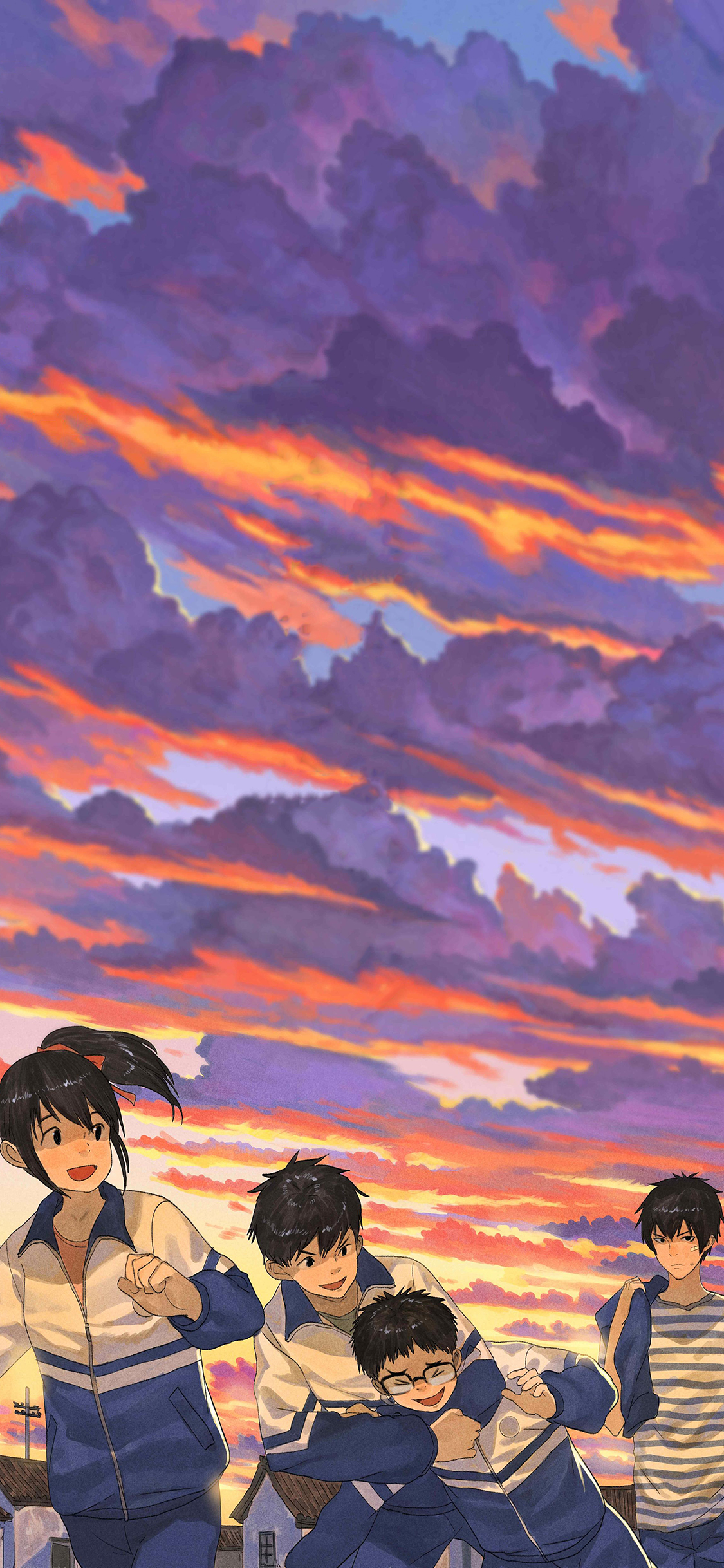 [2436×1125]昨日青空 漫画 校园 校服 学生 晚霞 苹果手机动漫壁纸图片