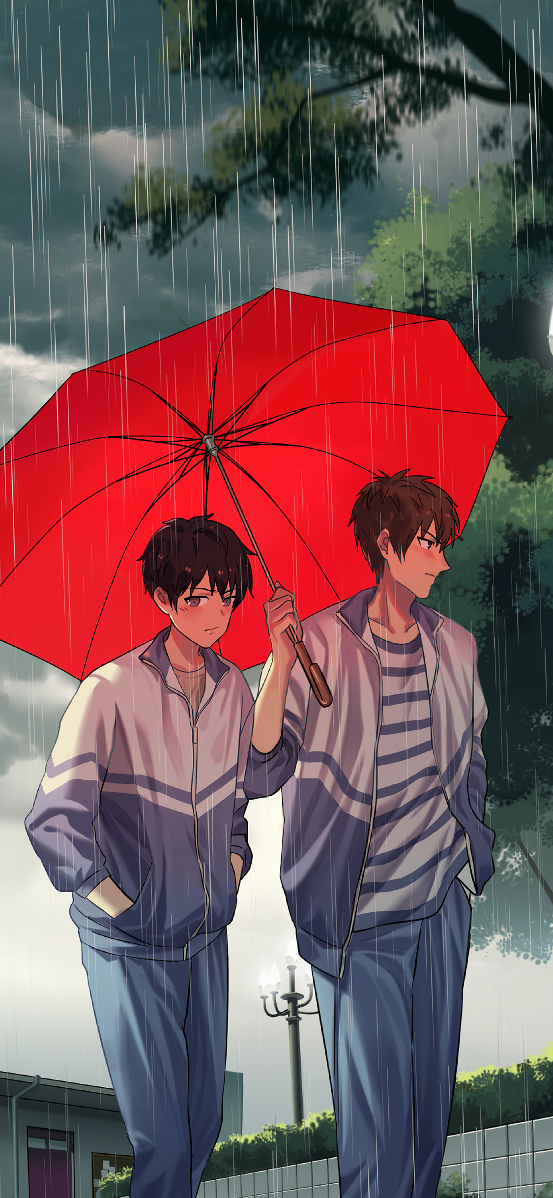 [2436×1125]昨日青空 漫画 校园 校服 学生 雨伞 苹果手机动漫壁纸图片