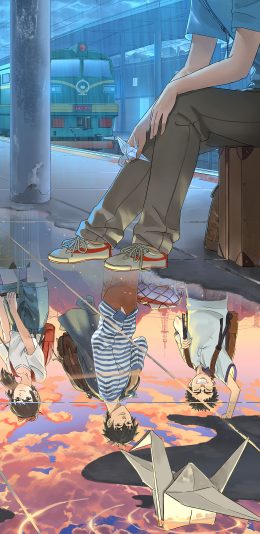 [2436x1125]昨日青空 漫画 火车站 纸鹤 积水 苹果手机动漫壁纸图片