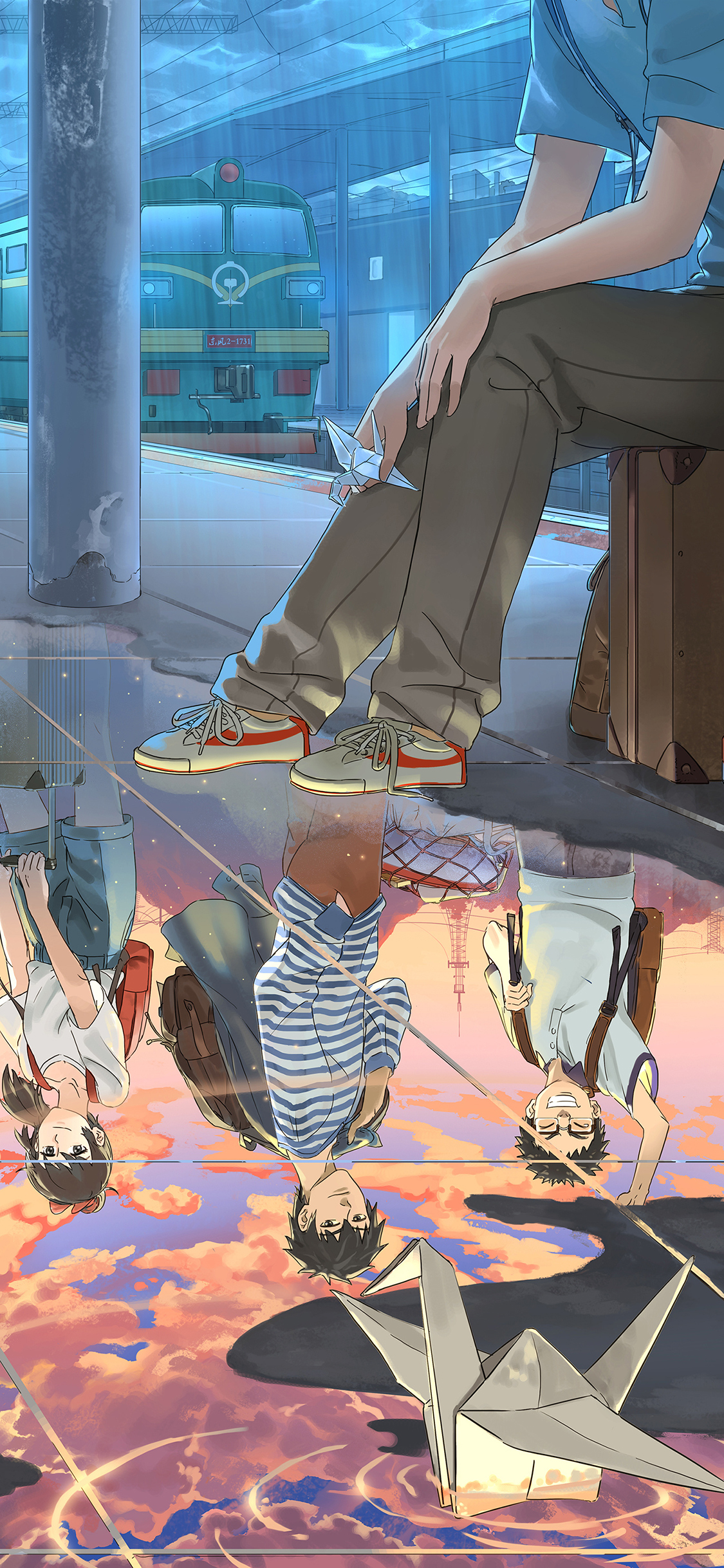 [2436×1125]昨日青空 漫画 火车站 纸鹤 积水 苹果手机动漫壁纸图片