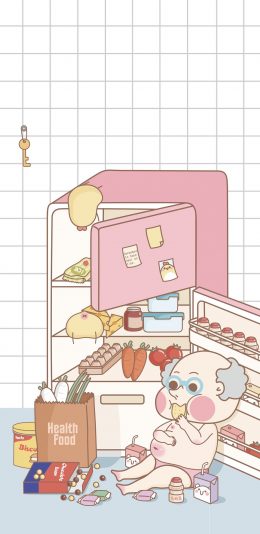 [2436x1125]暴饮暴食 老头 秃头 粉色 冰箱 吃 大肚腩 苹果手机动漫壁纸图片