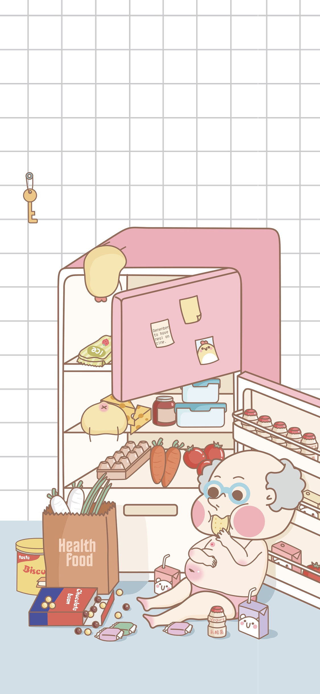 [2436×1125]暴饮暴食 老头 秃头 粉色 冰箱 吃 大肚腩 苹果手机动漫壁纸图片