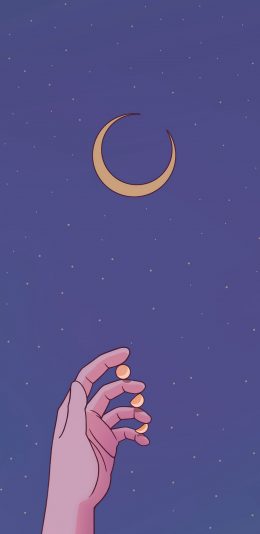 [2436x1125]月亮 月牙 手 紫色 星空 苹果手机动漫壁纸图片